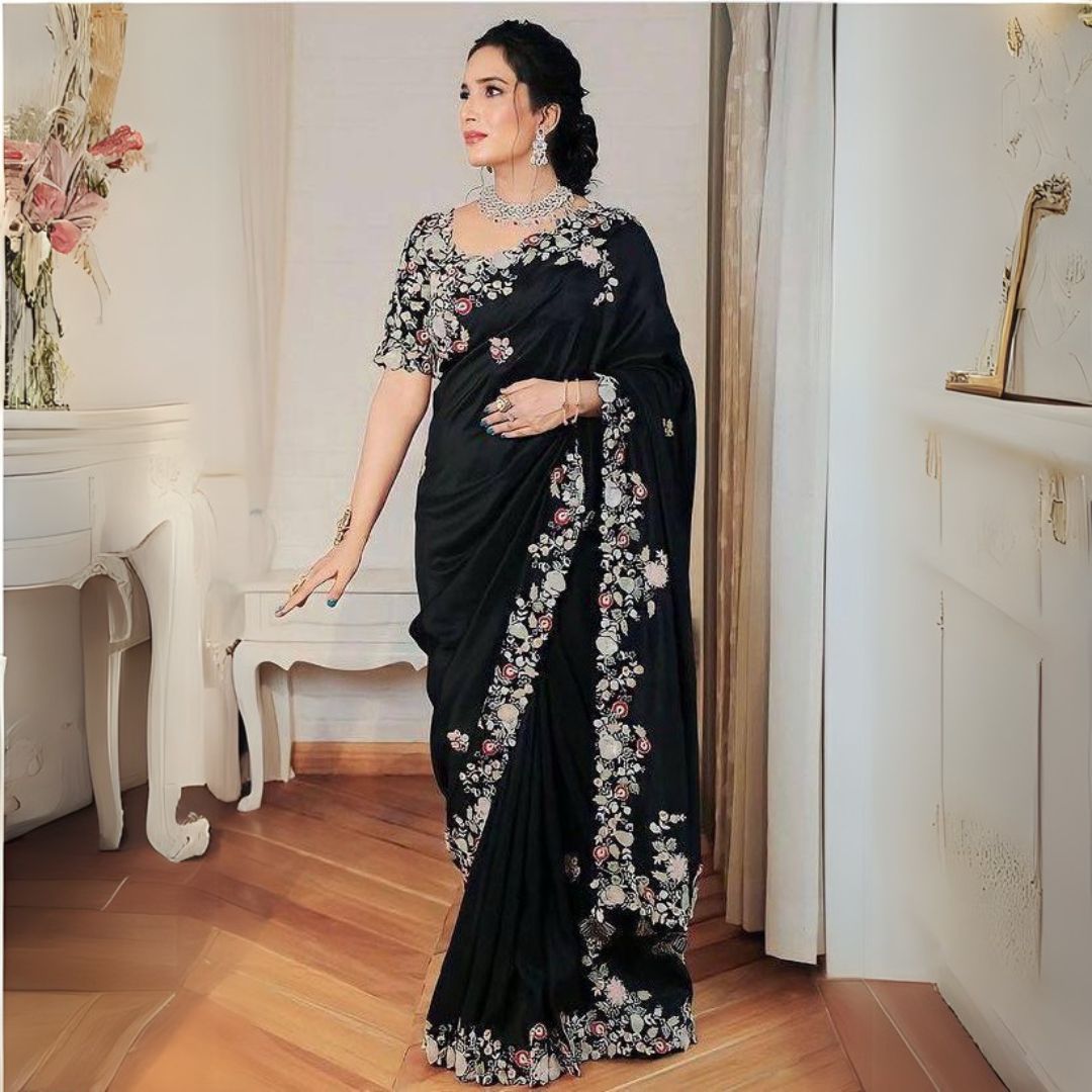 Black Embroidery Work Georgette Saree - kalyanja