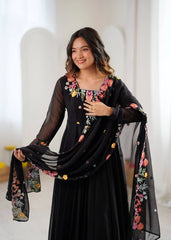 Black Floral Embroidered Anarkali Suit model dupatta held out – Kalyanja KU302