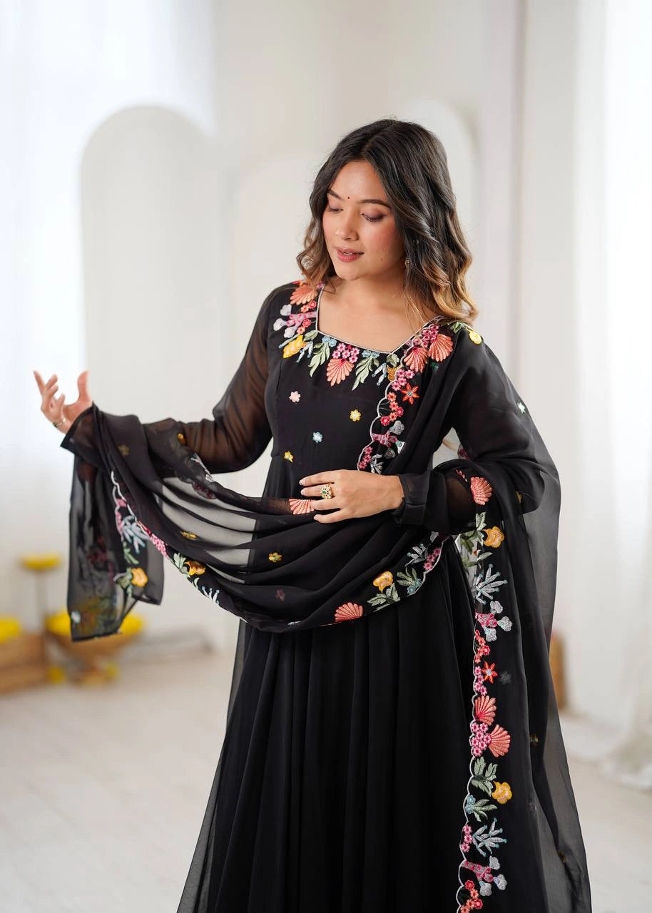 Black Anarkali Suit close-up square neck multicolour floral embroidery – Kalyanja KU302
