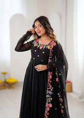 Black Floral Embroidered Anarkali Suit model shot 3 – Kalyanja KU302
