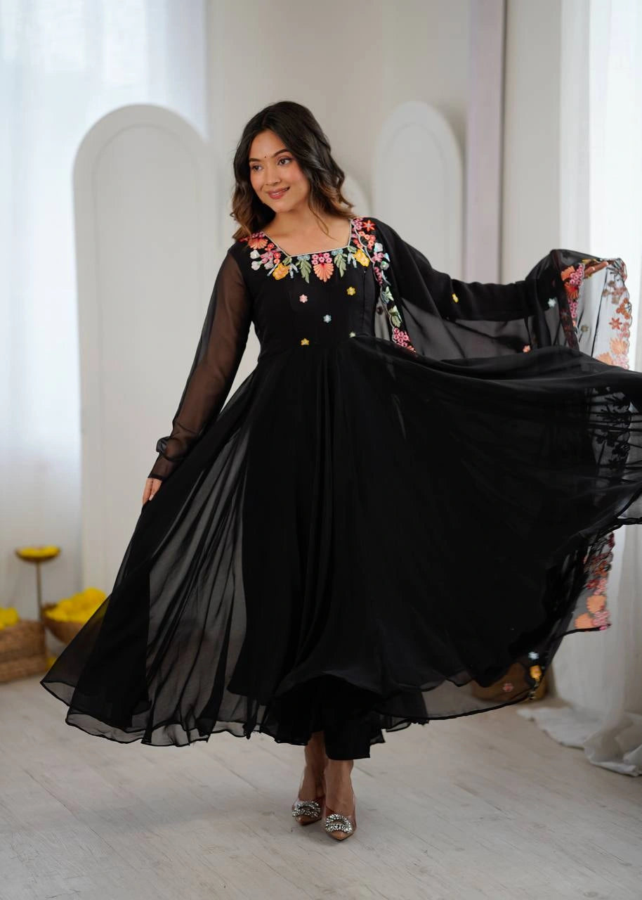 Black Anarkali Suit full flare twirl model shot – Kalyanja KU302