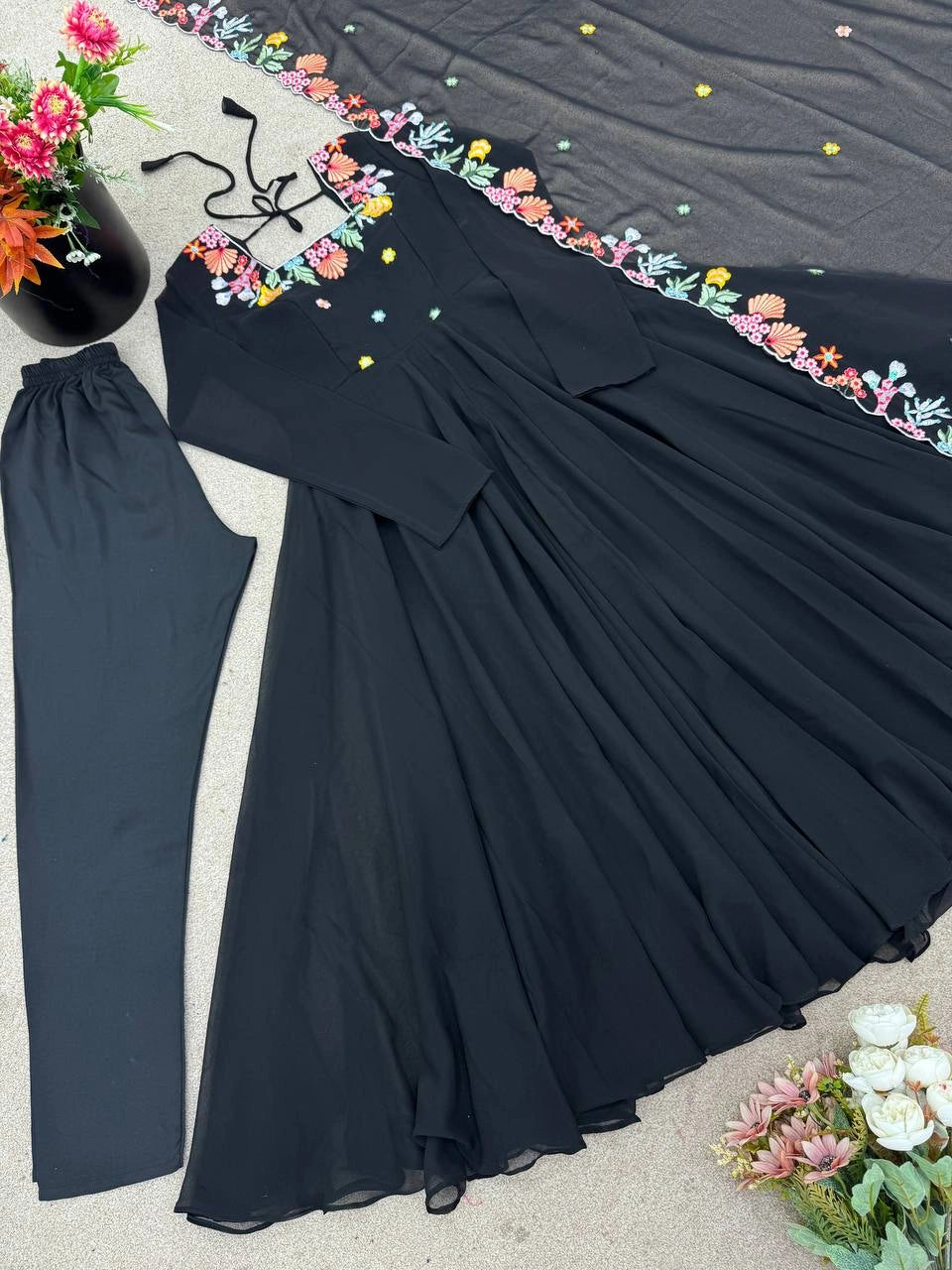 Black Floral Embroidered Anarkali Suit flat lay full set with pant and dupatta – Kalyanja KU302