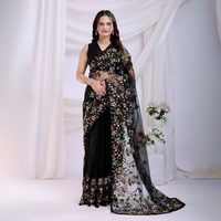 Black Floral Embroidery Work Soft Net Saree