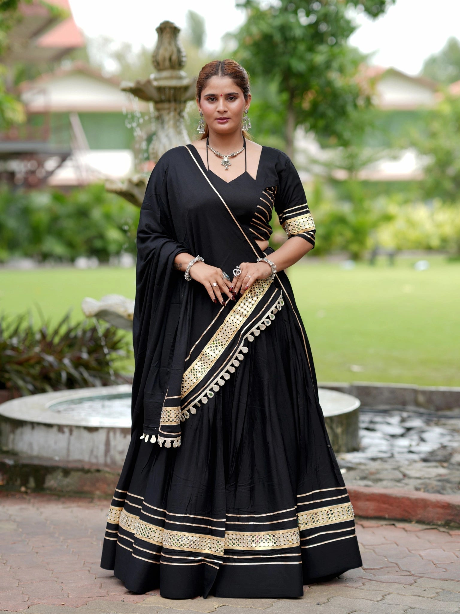 Black Gota Patti Mirror Lace Work Lehenga Full Length Front View – KL197 – Kalyanja