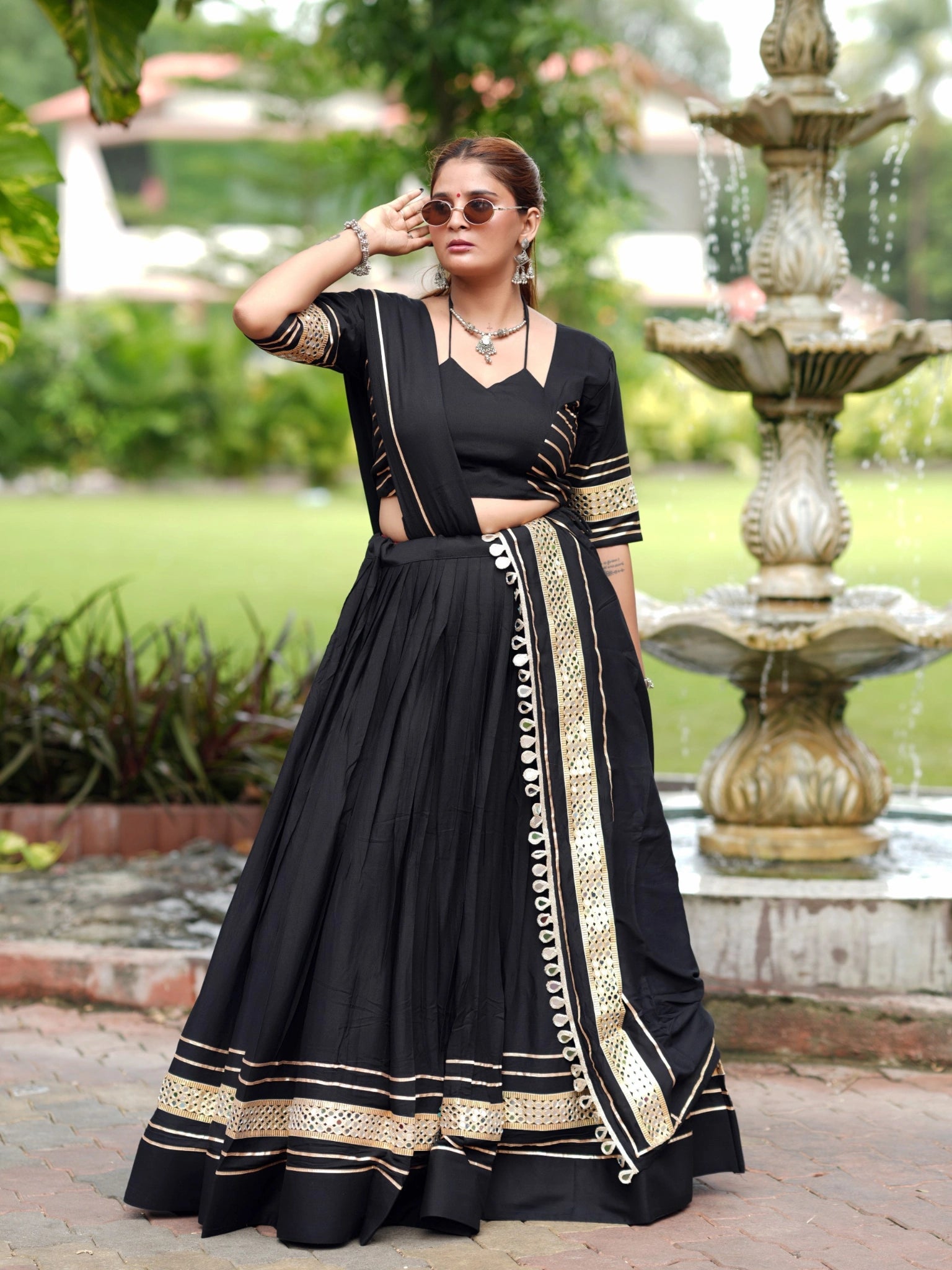 Black Gota Patti Lehenga Front View Stylish Pose – KL197 – Kalyanja