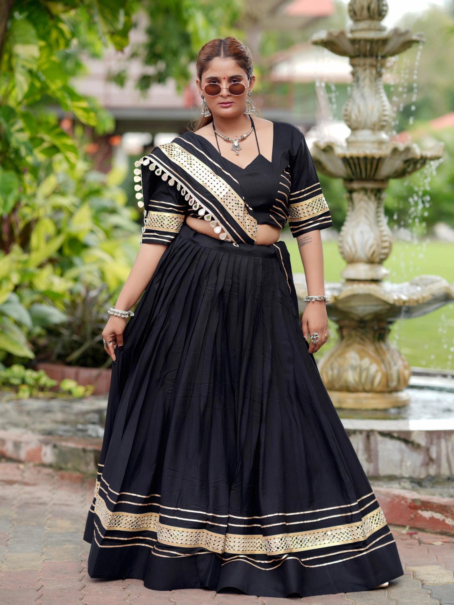 Black Gota Patti Lehenga Front View with Dupatta – KL197 – Kalyanja