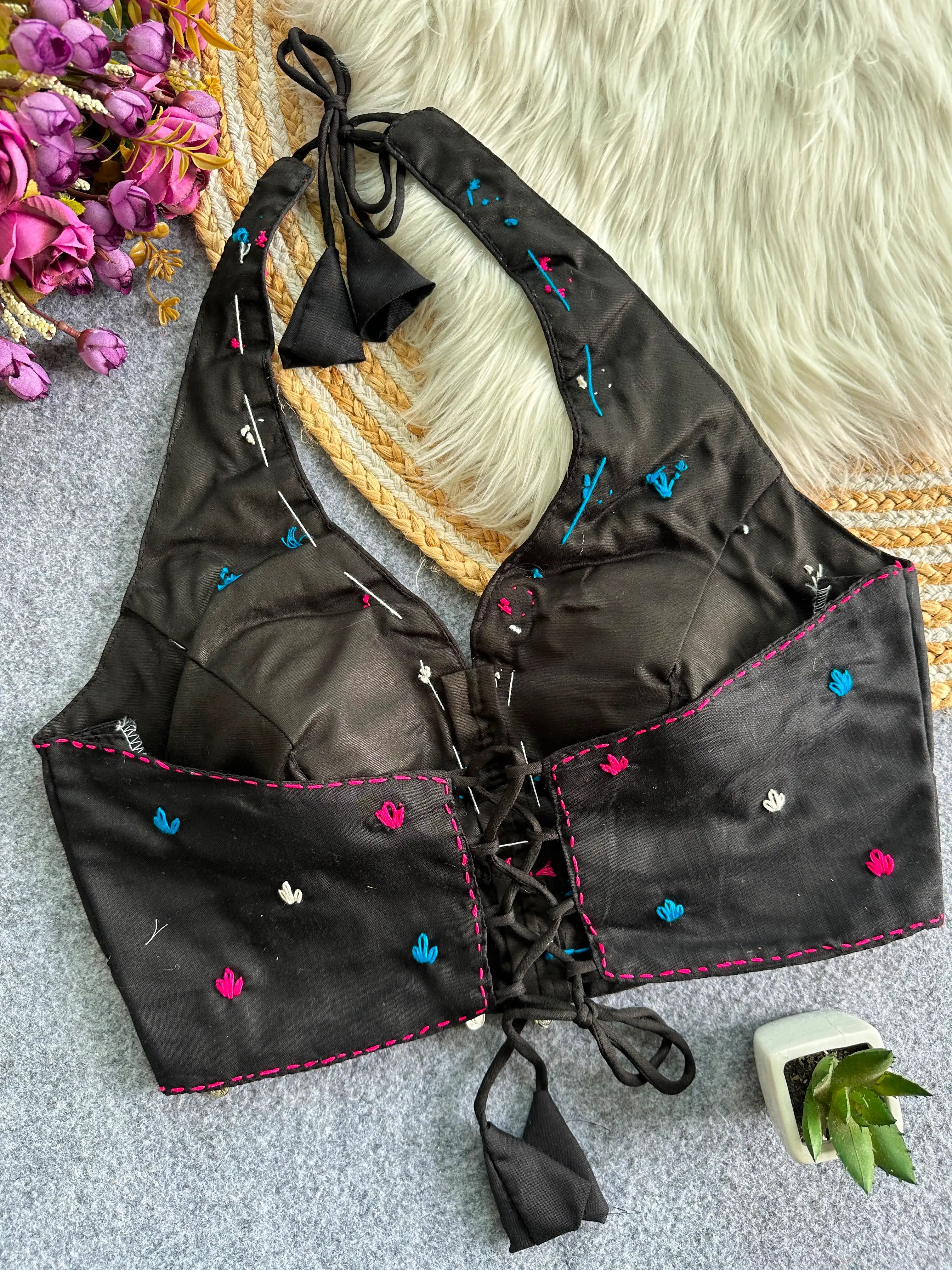 Black Handwork Mirror Work Blouse back view – lace-up dori closure KB43 Kalyanja