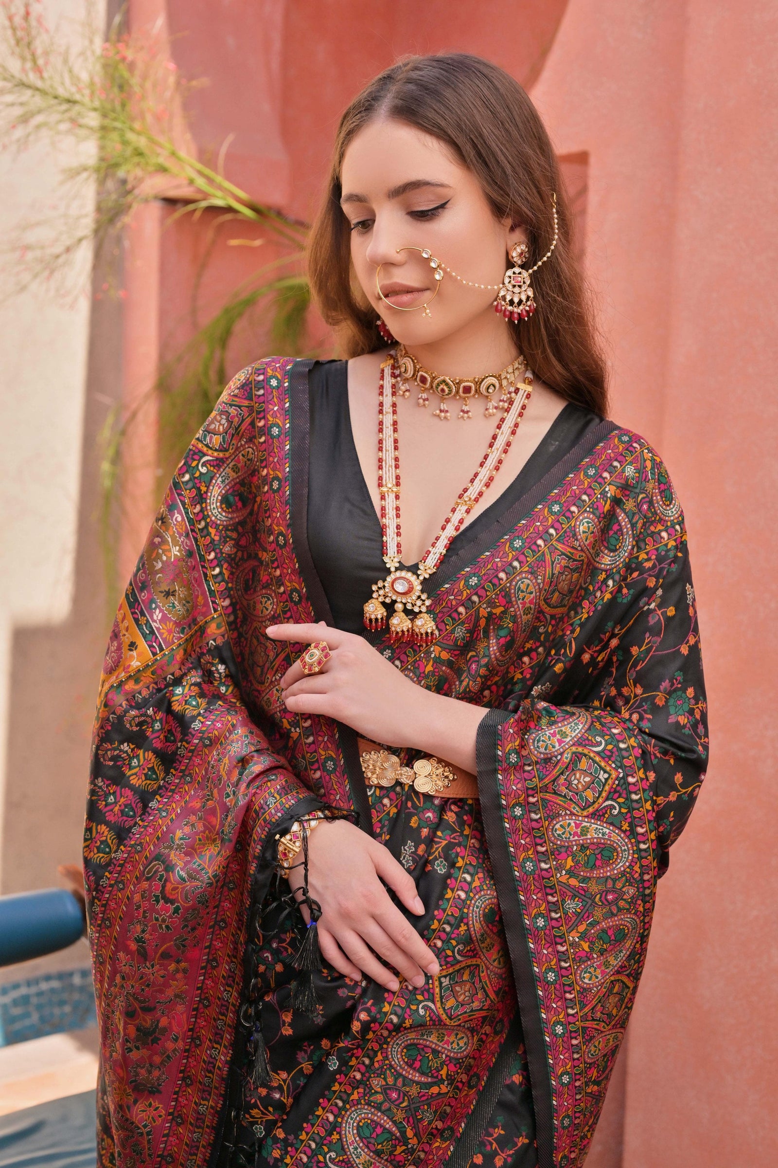 Woman wearing black Kashmiri Jal weaving saree with intricate multicolor patterns and traditional Indian jewelry