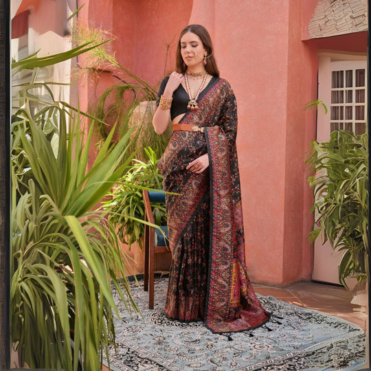  Woman dressed in elegant black Kashmiri Jal weaving saree with detailed multicolor embroidery and traditional jewelry