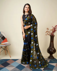 Black Kashmiri Work Saree – Faux Georgette Piping Border Party Wear