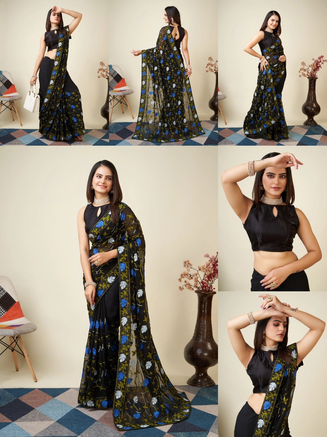 Black Kashmiri Work Saree – all angles – KS398