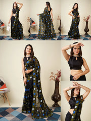 Black Kashmiri Work Saree – all angles – KS398