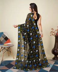 Black Kashmiri Work Saree – pallu back view Kashmiri embroidery – KS398