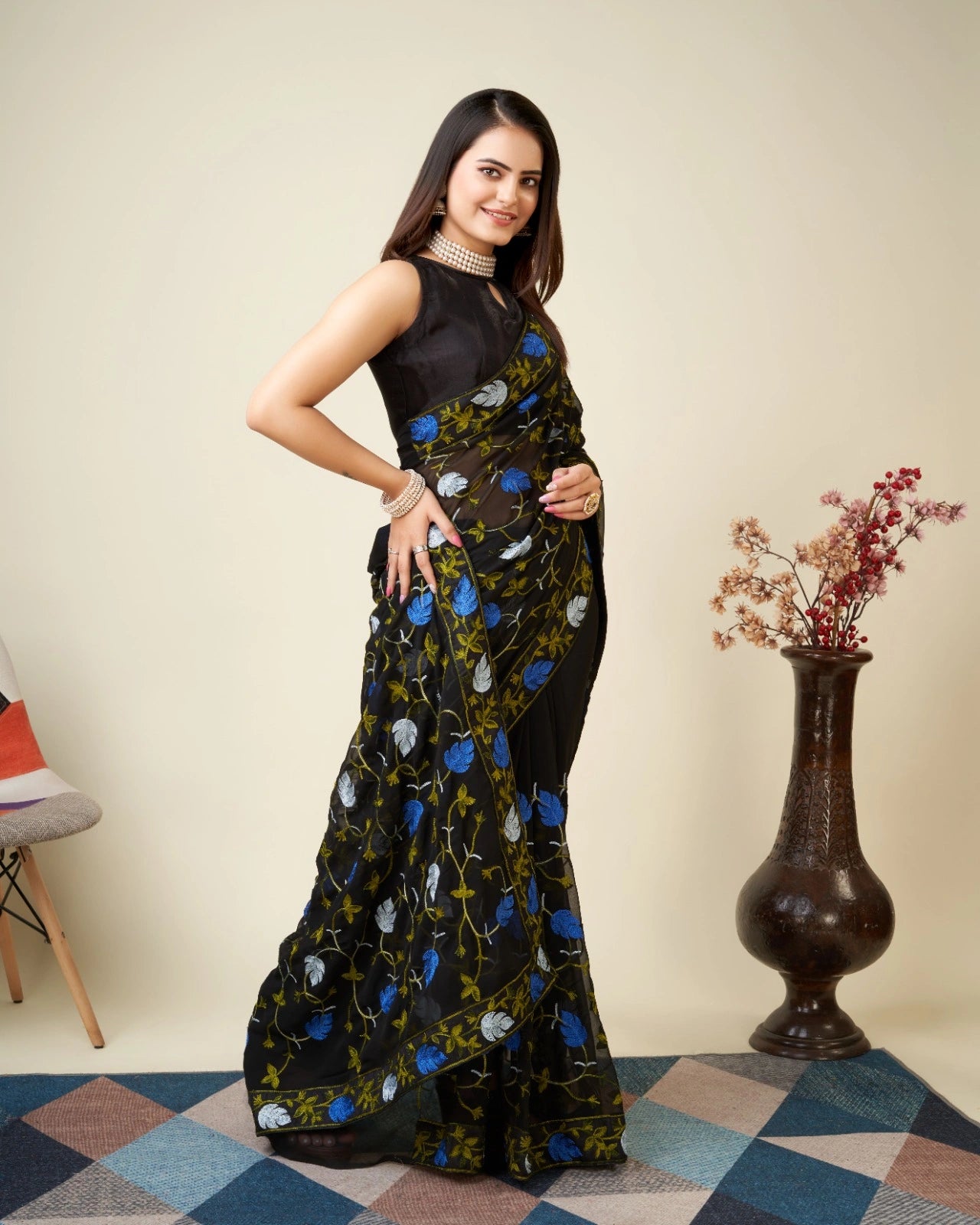 Black Kashmiri Work Saree – piping border detail – KS398