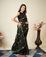 Black Kashmiri Work Saree – piping border detail – KS398