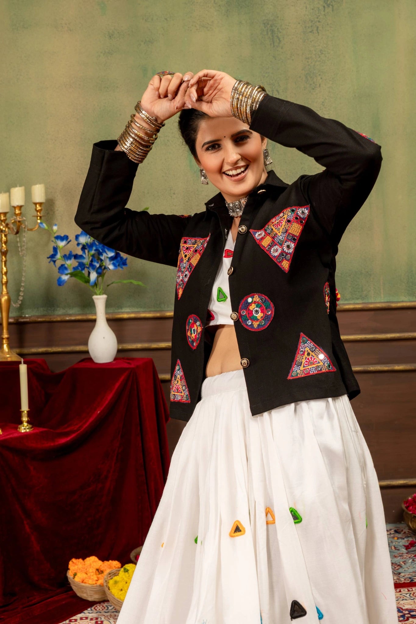 black mirror work lehenga jacket style with white choli kalyanja KL188