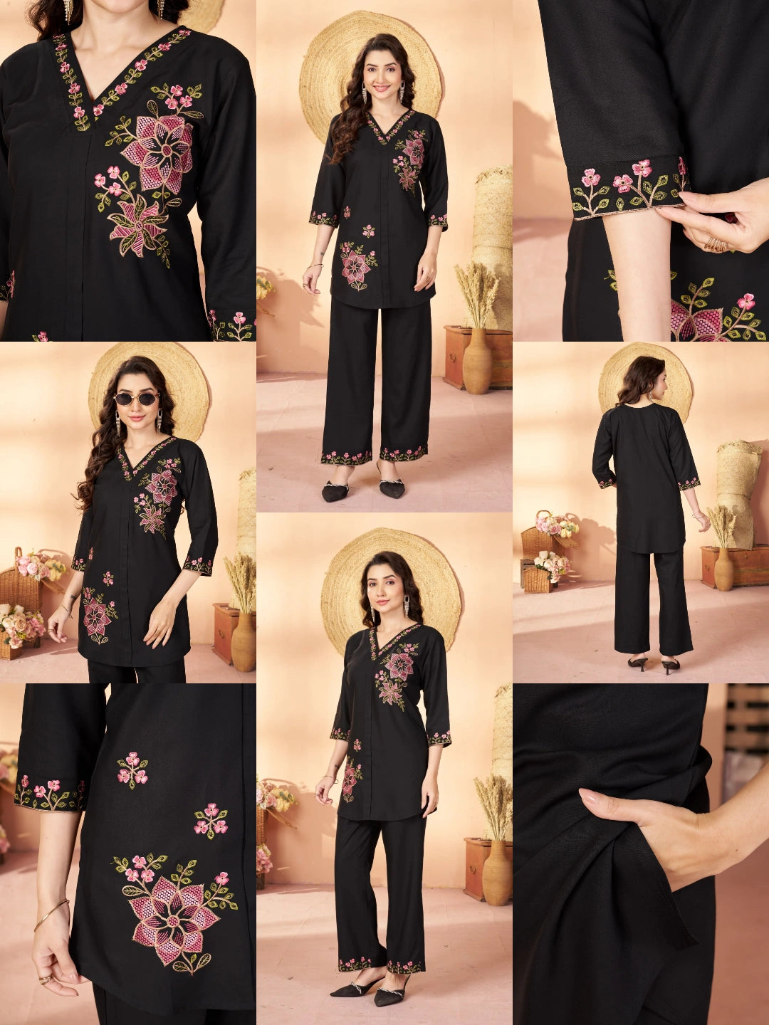 black multi thread embroidered rayon coord set kalyanja kc12 all angles catalog