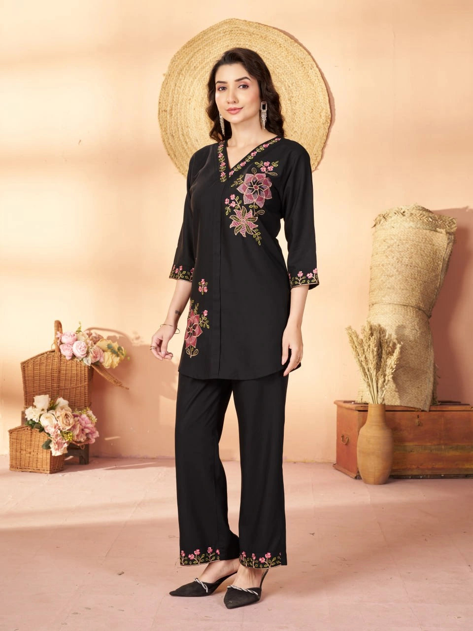 black multi thread embroidered coord set kalyanja kc12 front angle view