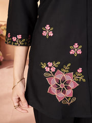 black multi thread embroidered coord set kalyanja kc12 side floral embroidery detail