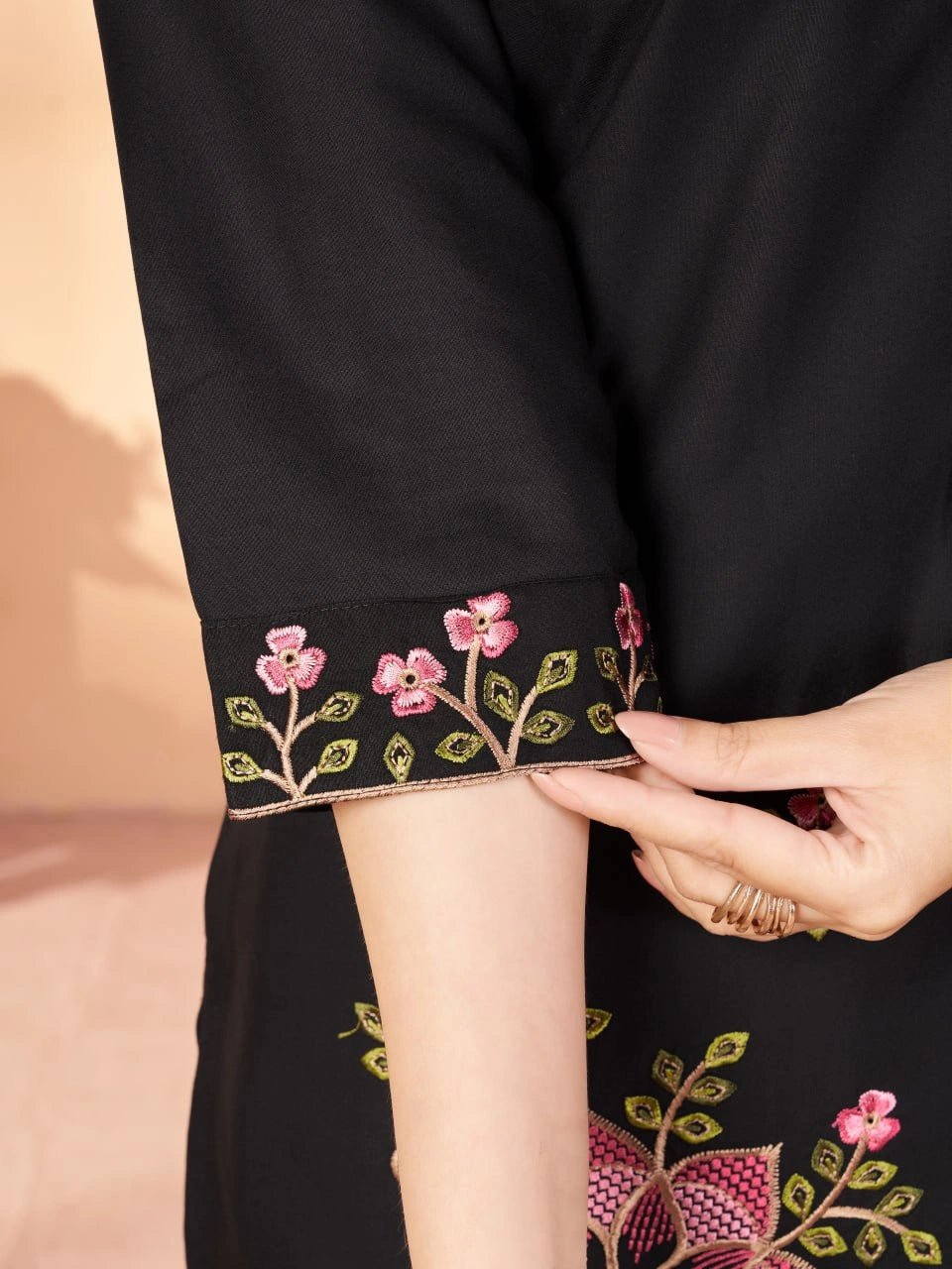 black multi thread embroidered coord set kalyanja kc12 sleeve cuff embroidery detail