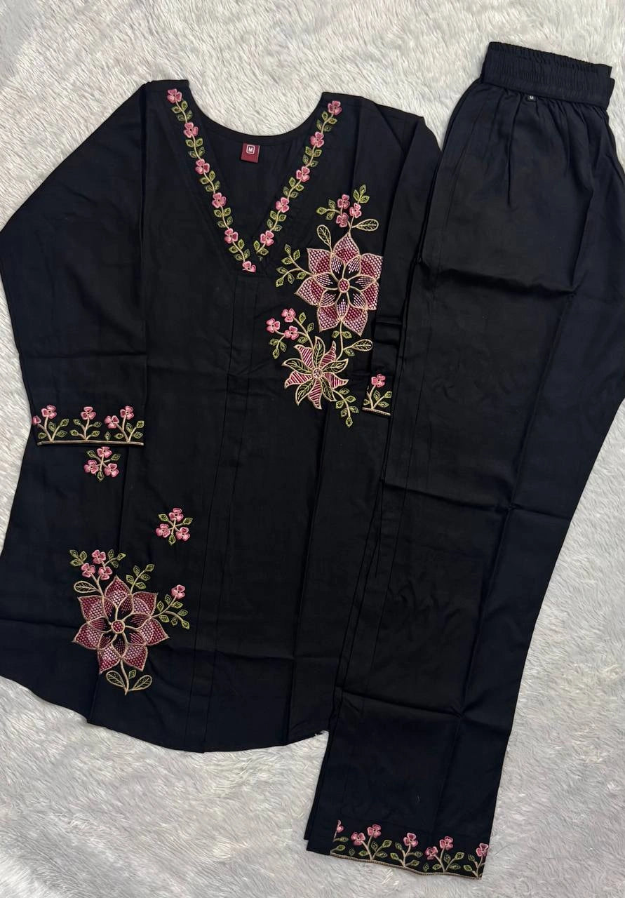 black multi thread embroidered coord set kalyanja kc12 flat lay top and pant
