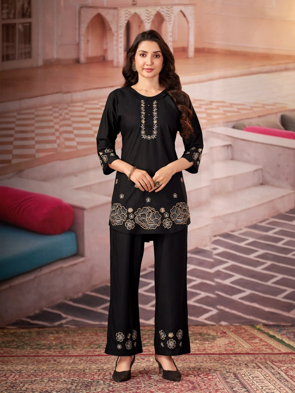 black multi thread embroidered coord set kalyanja kc13 front full model