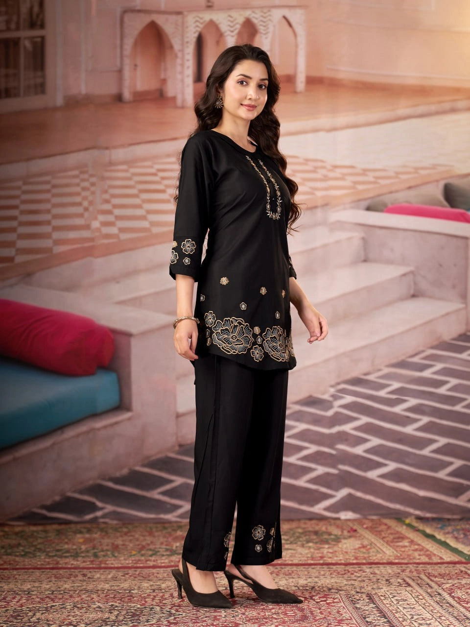 black multi thread embroidered coord set kalyanja kc13 full side front angle