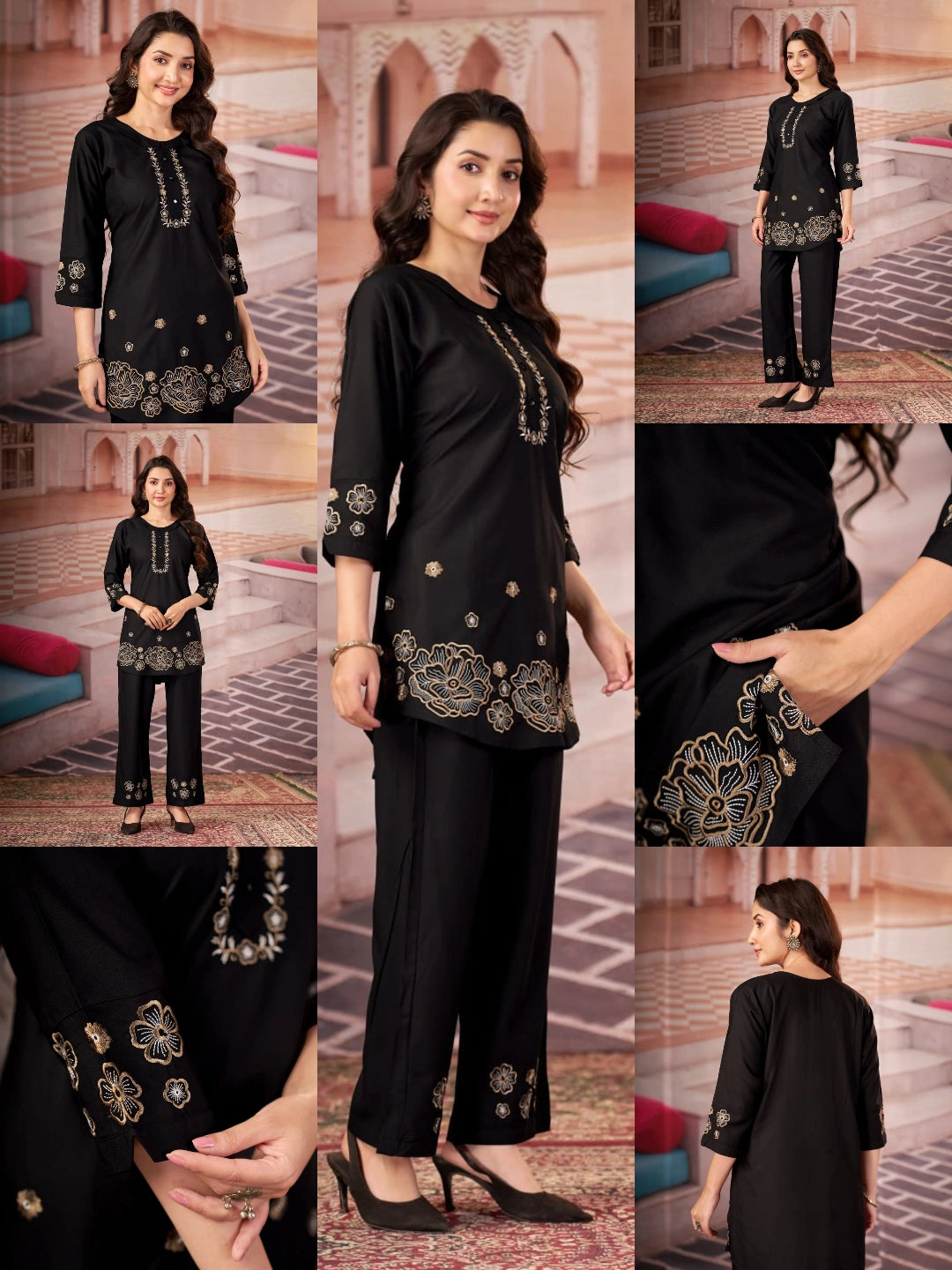 black multi thread embroidered rayon coord set kalyanja kc13 all angles catalog
