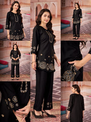 black multi thread embroidered rayon coord set kalyanja kc13 all angles catalog