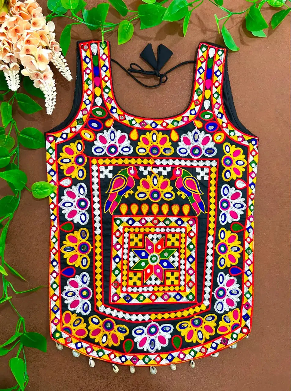 Black Multi Thread Mirror Kodi Work Blouse front view – Kutch embroidery with mirrors and parrot motifs – KB40