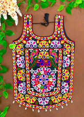 Black Multi Thread Mirror Kodi Work Blouse front view – Kutch elephant parrot embroidery KB41 Kalyanja