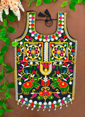 Black Multi Thread Mirror Kodi Work Blouse front view – Kutch dual elephant mirror medallion KB42 Kalyanja