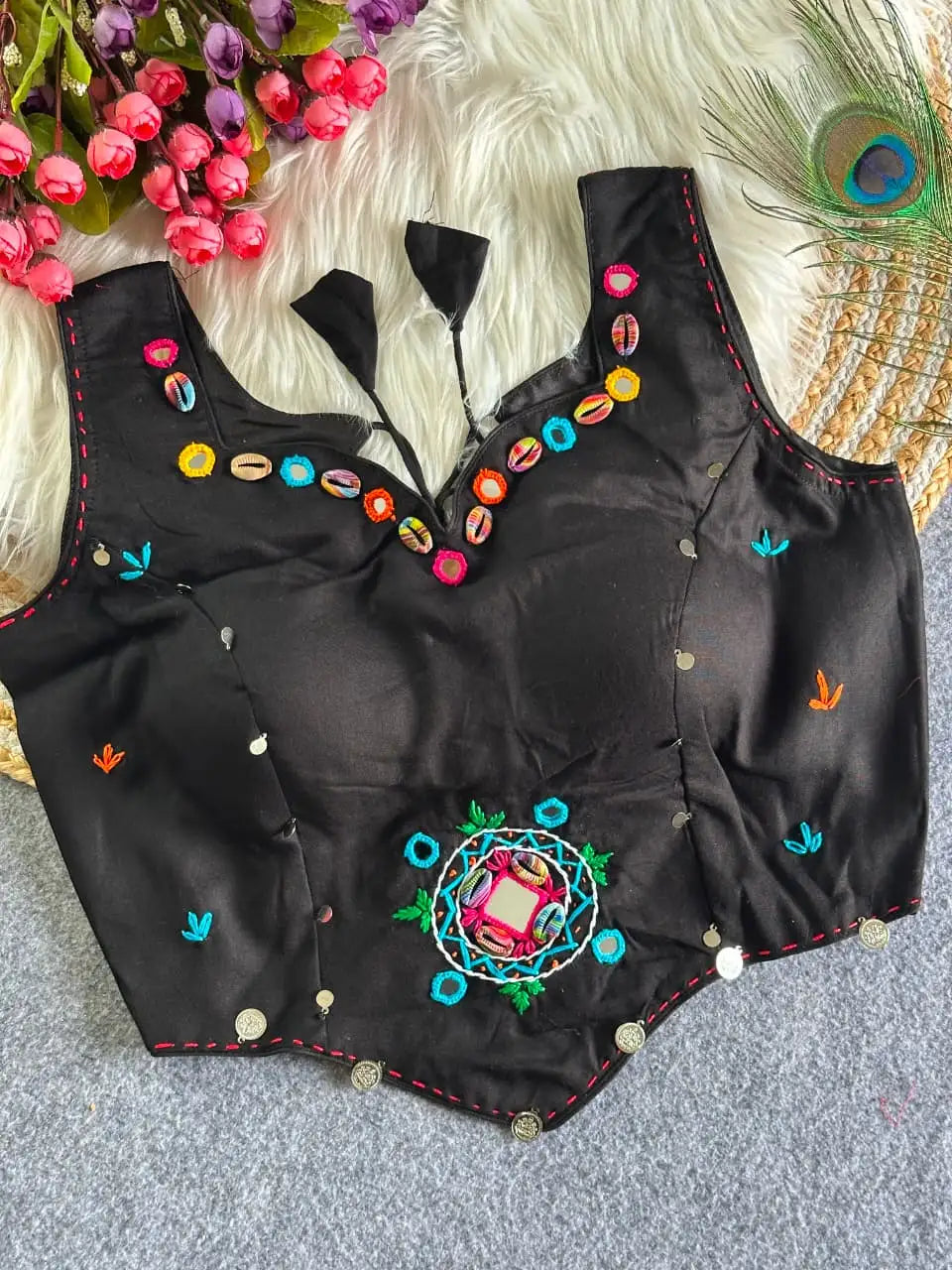Black Multi Thread Mirror Work Blouse – front flat lay showing sweetheart neckline, cowrie shells and vivid mirror embellishments