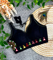 Black Cotton Blend Multi Thread Mirror Work Blouse – Flat Lay View 2