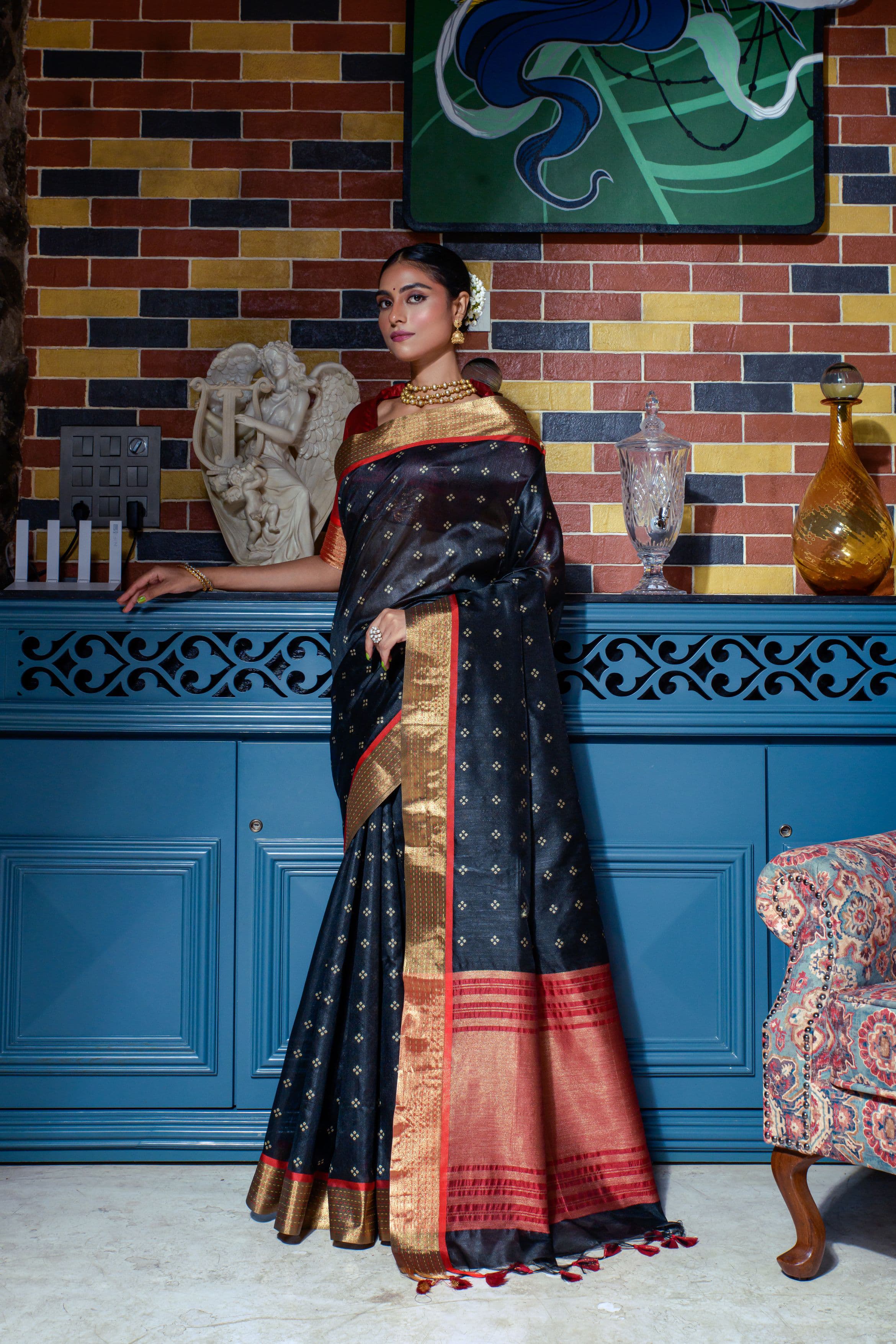 Black Zari Work Soft Tussar Silk Saree - kalyanja