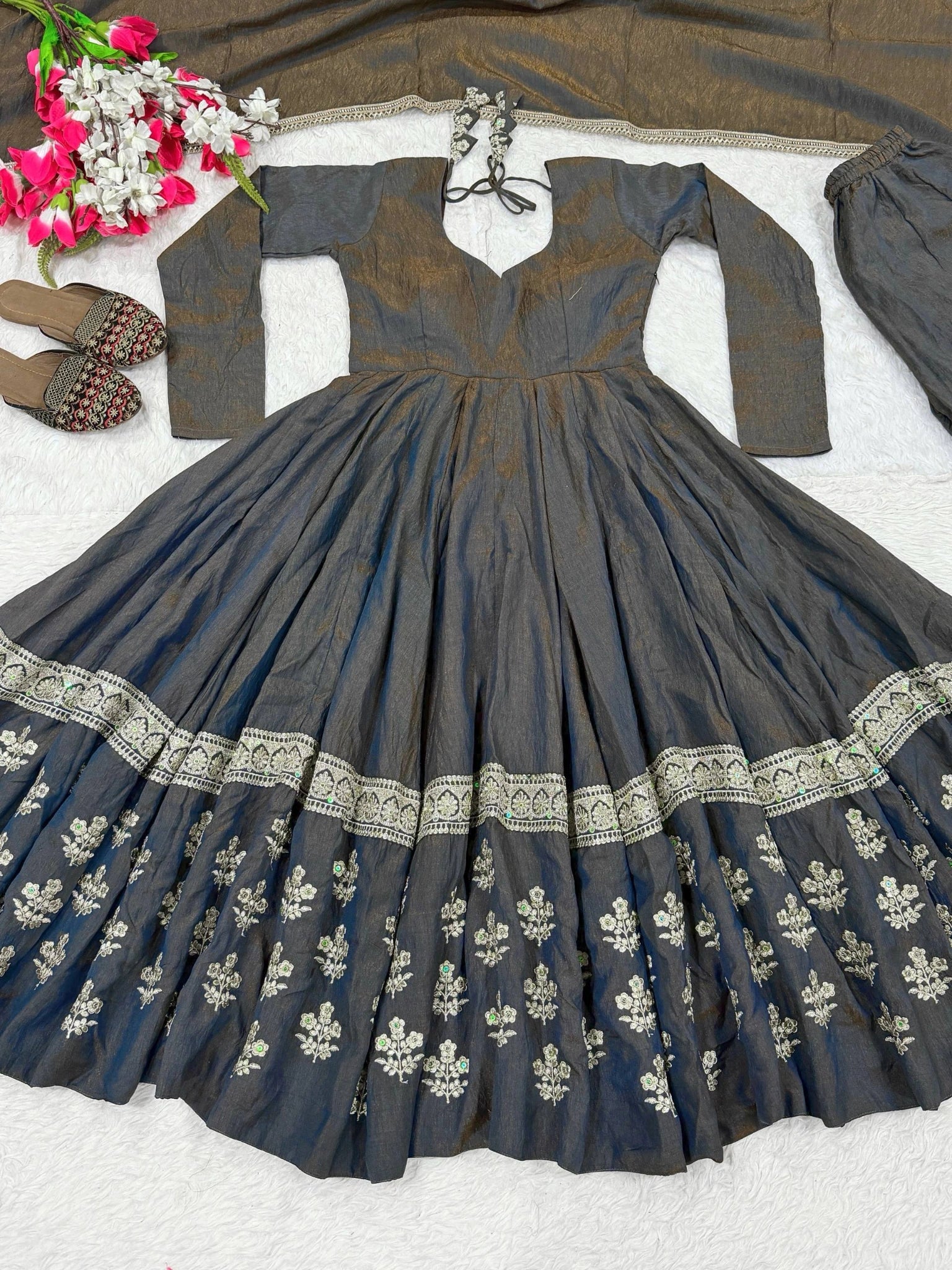 Black Anarkali Suit flat lay full set with palazzo and dupatta top view