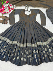Black Anarkali Suit flat lay full set with palazzo and dupatta top view
