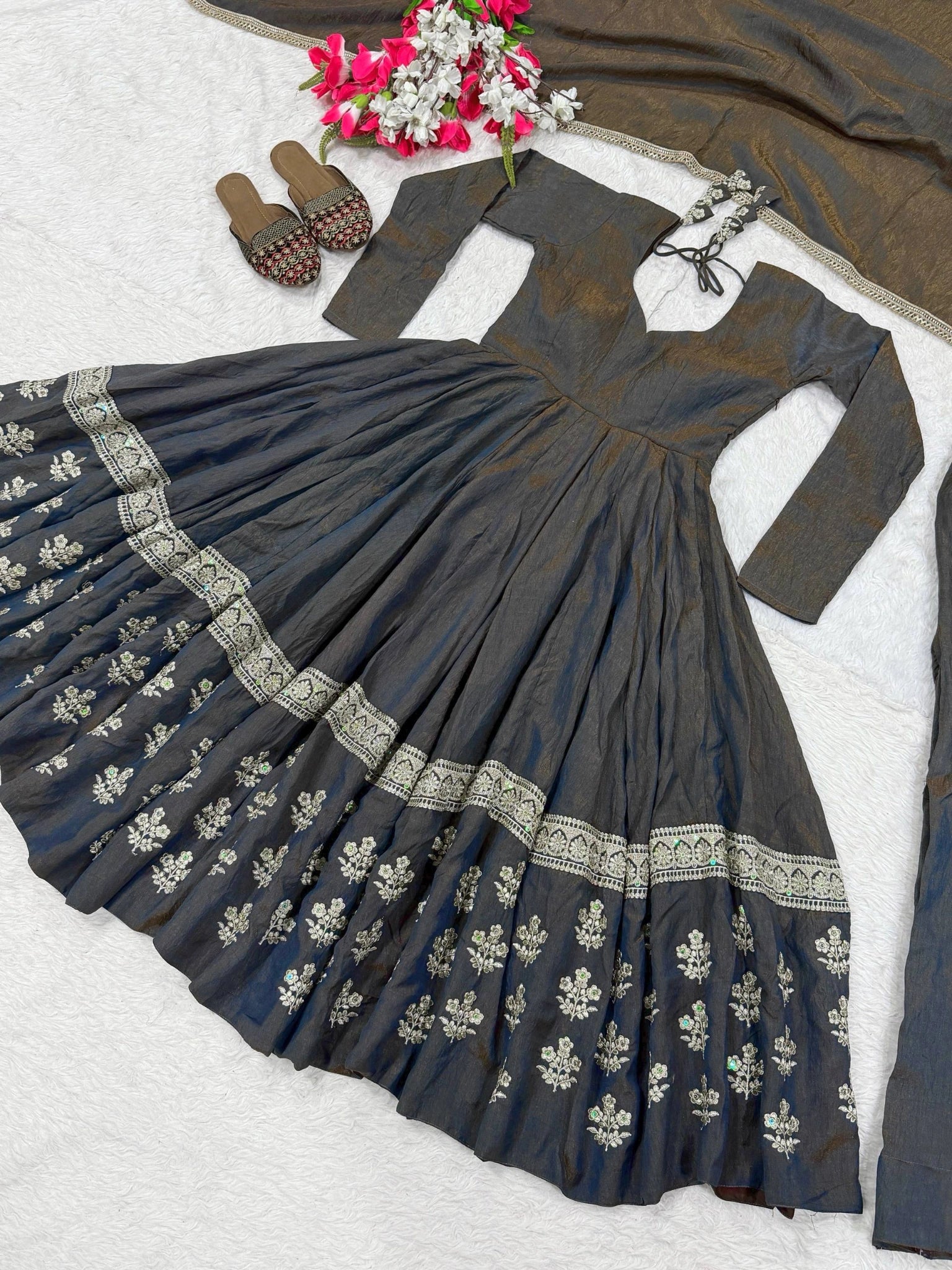Black Sequins Anarkali Suit flat lay spread showing full flare and embroidery