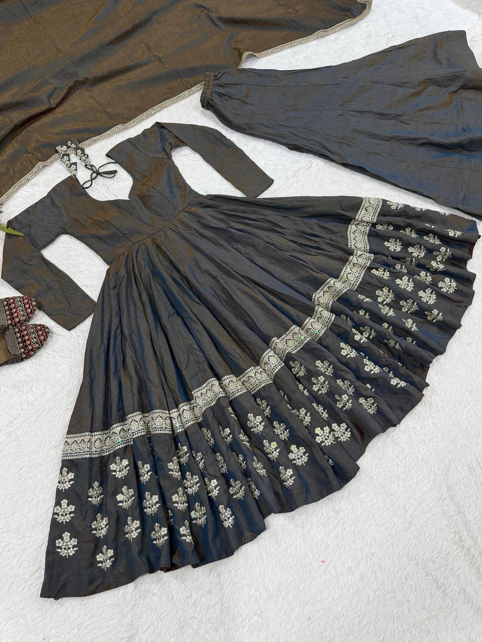 Black Anarkali Suit flat lay with palazzo and dupatta close up embroidery detail