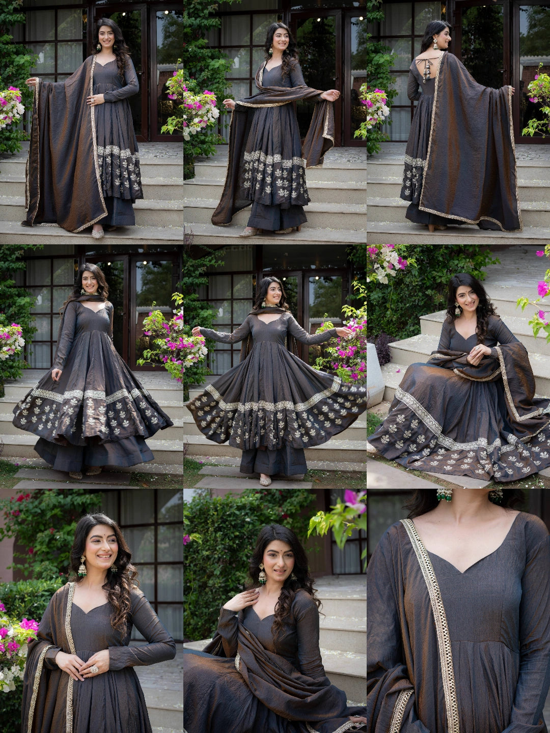 Black Sequins Anarkali Suit KU284 all views collage front back detail flat lay