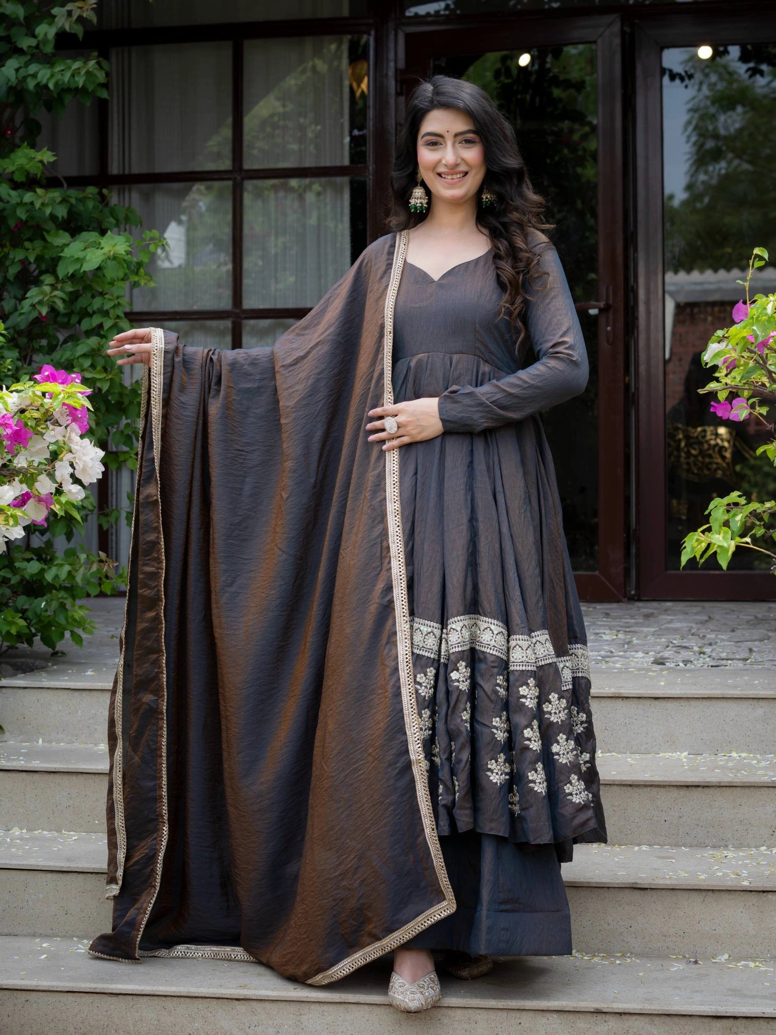Black Sequins Anarkali Suit front view model on steps Vichitra Silk Blend KU284