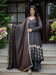 Black Sequins Anarkali Suit front view model on steps Vichitra Silk Blend KU284