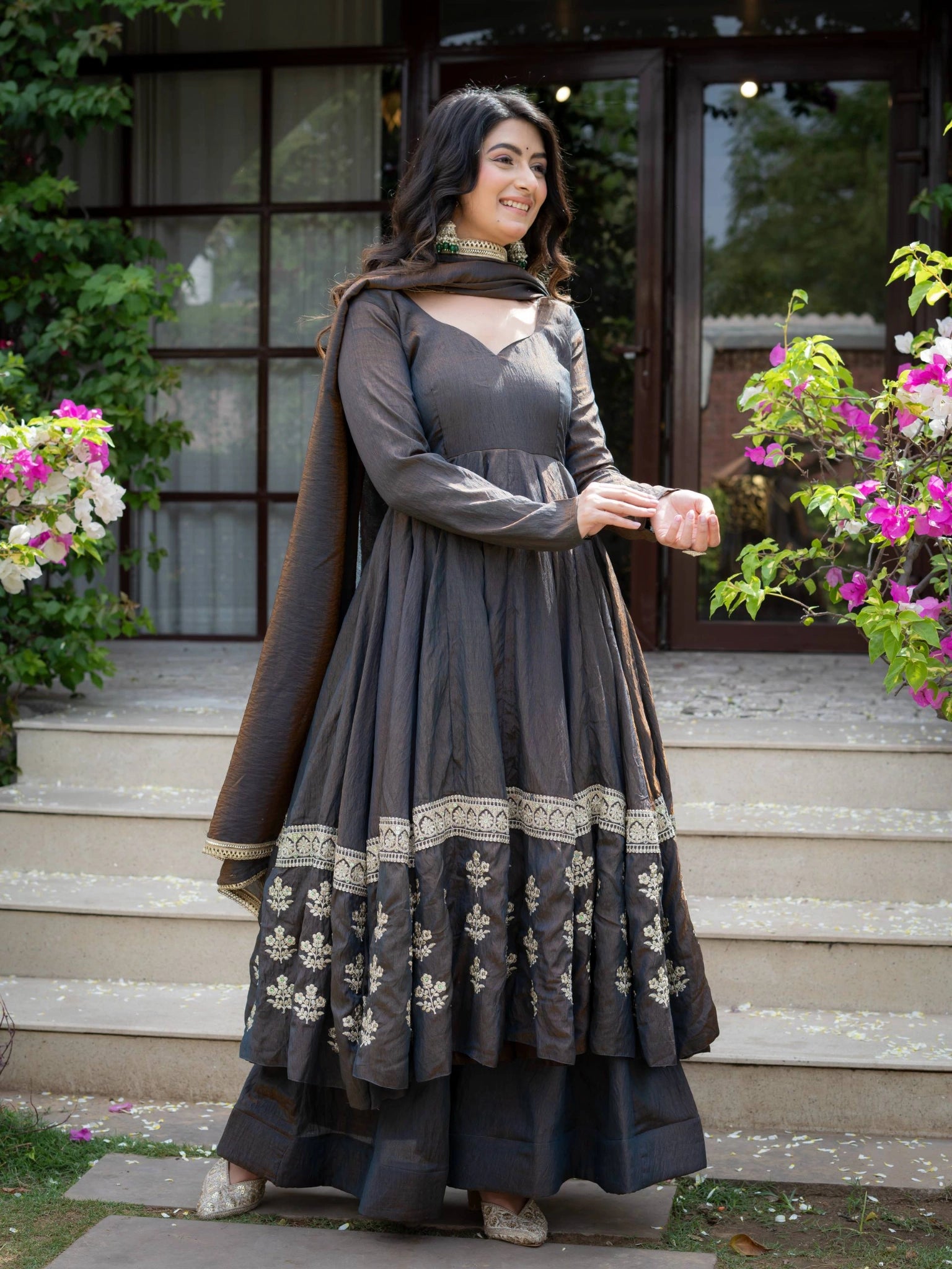 Black Sequins Anarkali Suit full length front view with dupatta Kalyanja