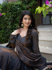 Black Anarkali Suit upper body close up showing V neckline fabric texture