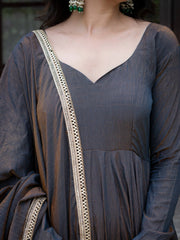 Black Sequins Anarkali Suit neckline detail close up with dupatta zari border