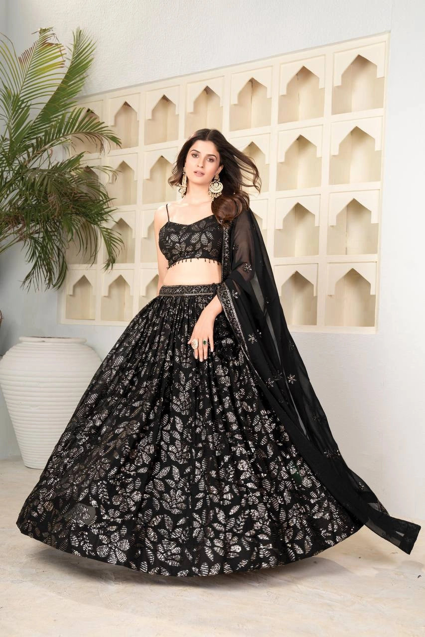 Black Sequins Embroidered Lehenga – front full flair view – KL184 – Kalyanja