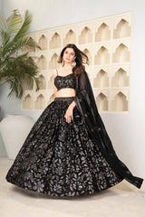 Black Sequins Embroidered Lehenga – front full flair view – KL184 – Kalyanja