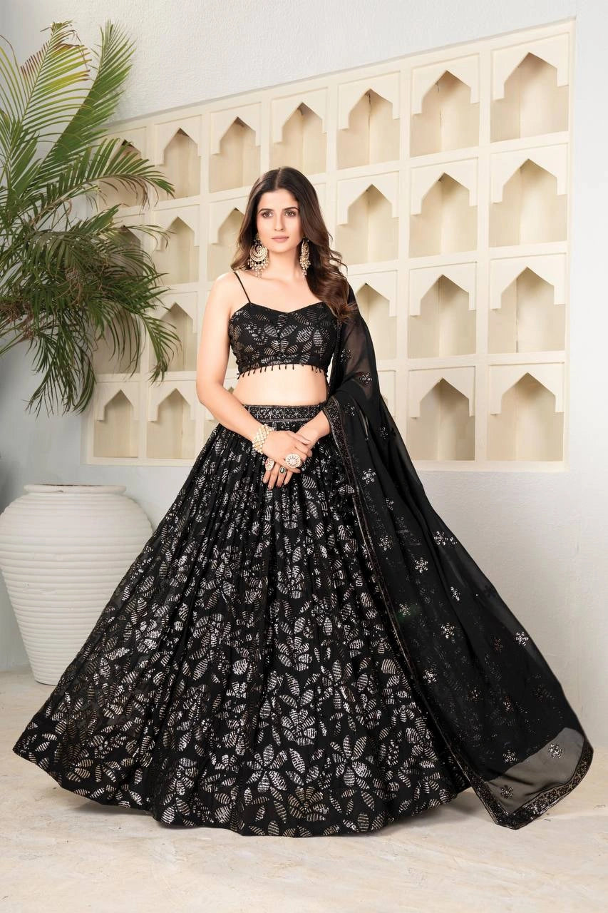 Black Sequins Embroidered Lehenga – standing front full length – KL184 – Kalyanja