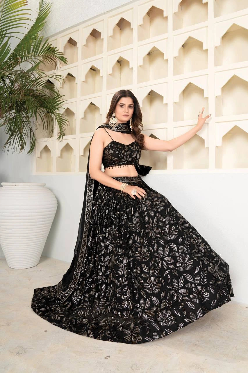 Black Sequins Embroidered Lehenga – seated side angle – KL184 – Kalyanja