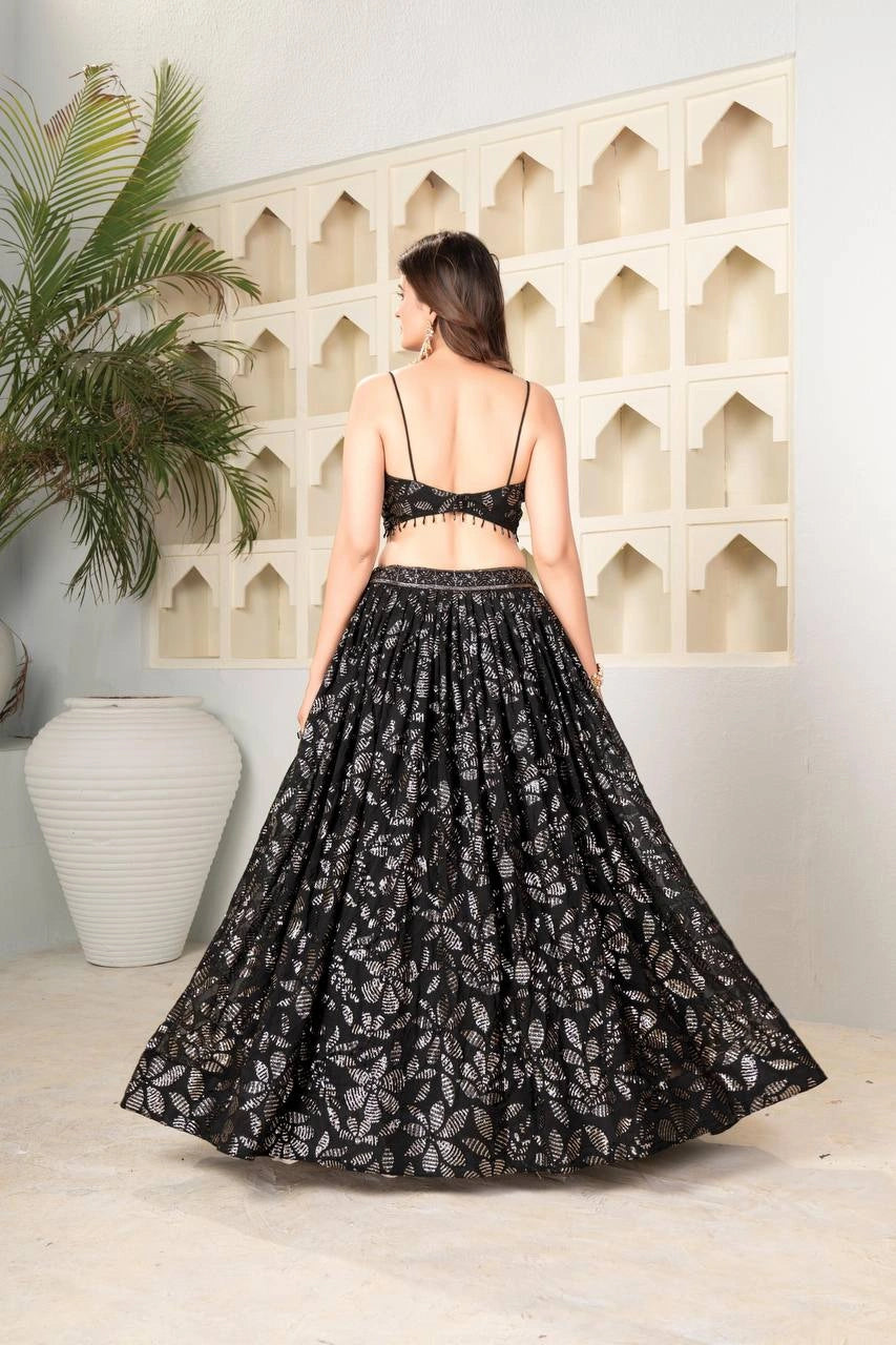 Black Sequins Embroidered Lehenga – back view open choli – KL184 – Kalyanja